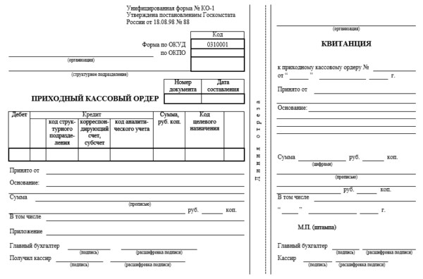 Приходный ордер образец заполнения