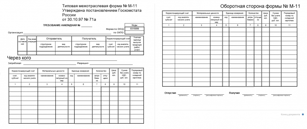 М 11 требование накладная образец заполнения