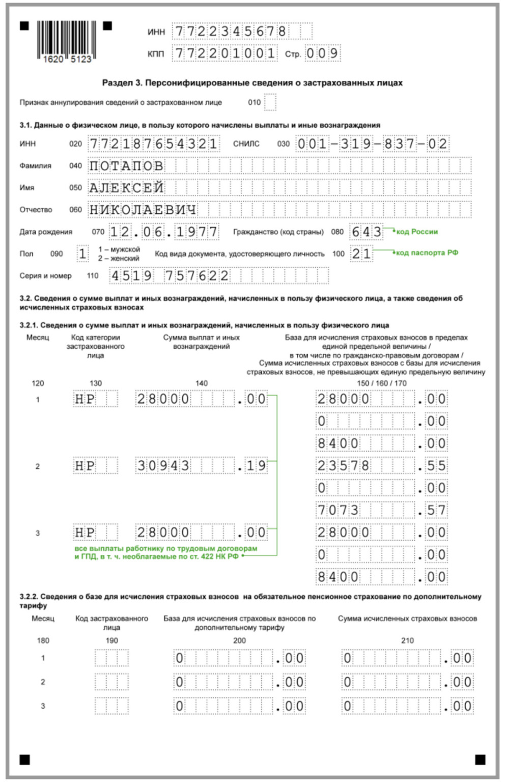 Образец заполнения расчета по страховым взносам за 1 квартал 2023 года.