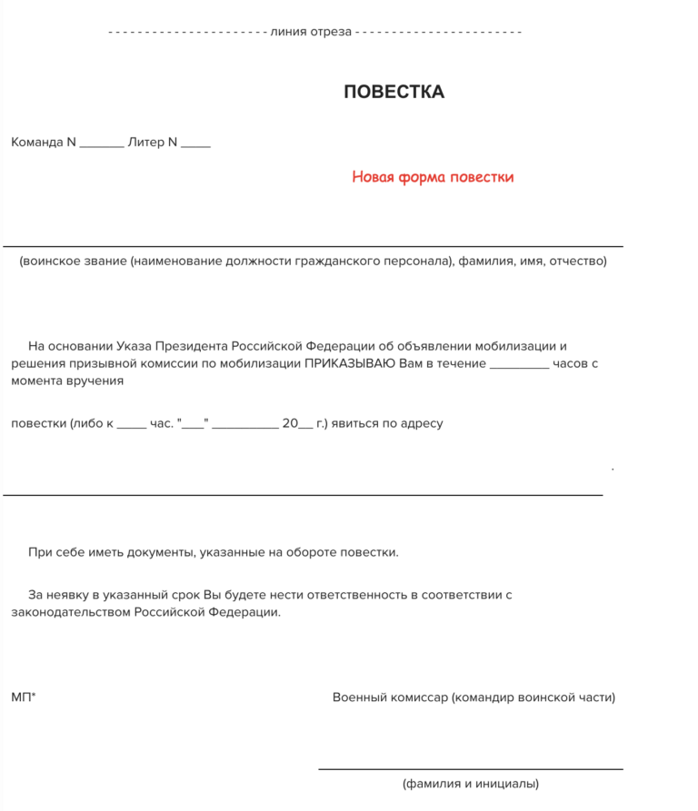 Новая форма повестки с 01.08.2023 (бланк)