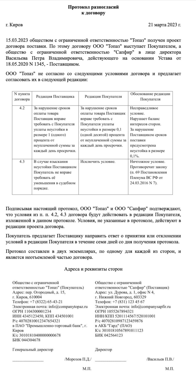 Протокол разногласий к договору: бланк и образец 2023-2024