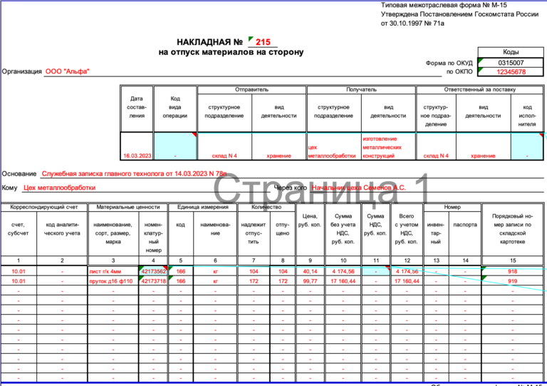 Форма № М-15: бланк и образец заполнения