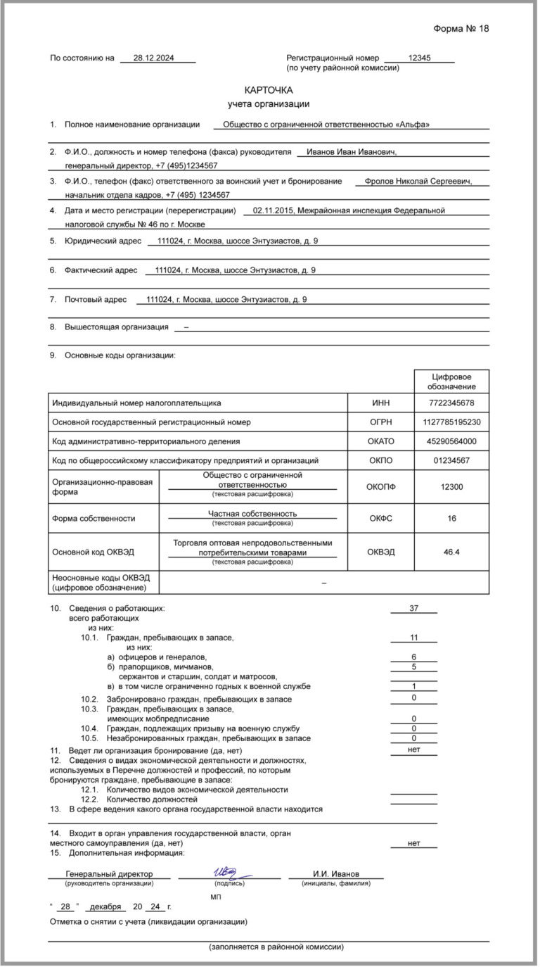 Готовый образец карточки учета организации в военкомате