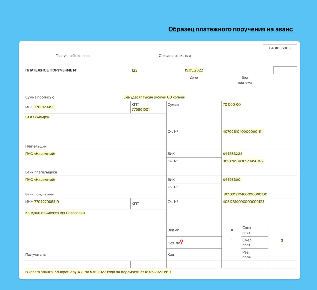Платежное поручение на выплату аванса: образец 2024 года
